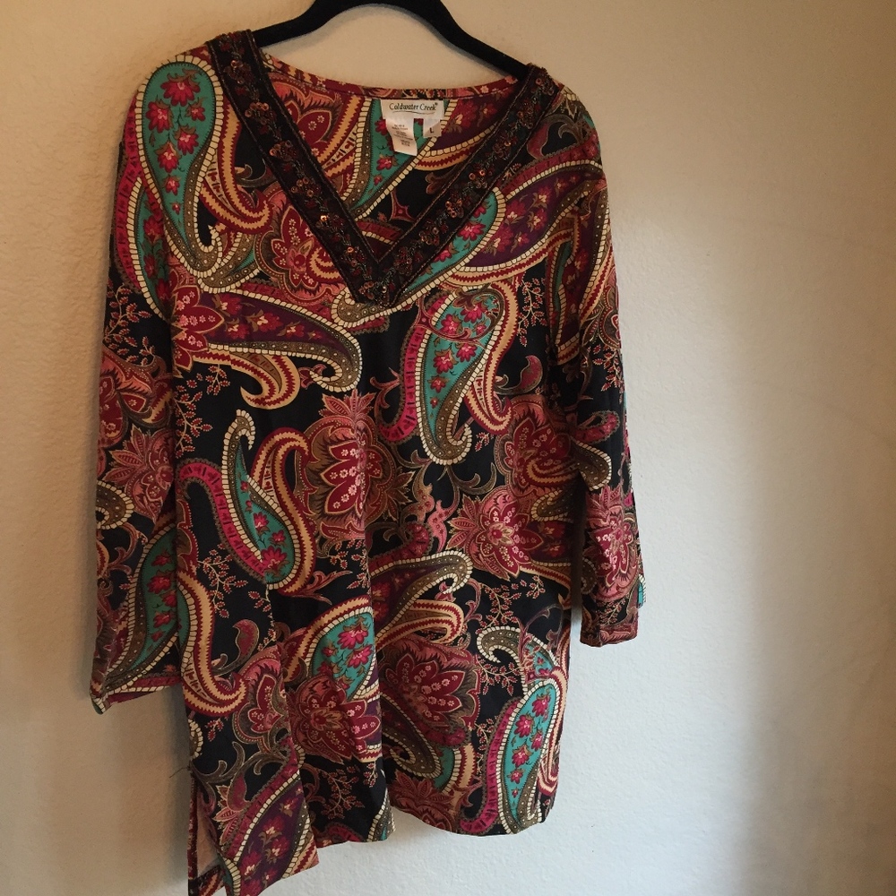 COLDWATER CREEK  BEADED V-NECK STRETCH TUNIC